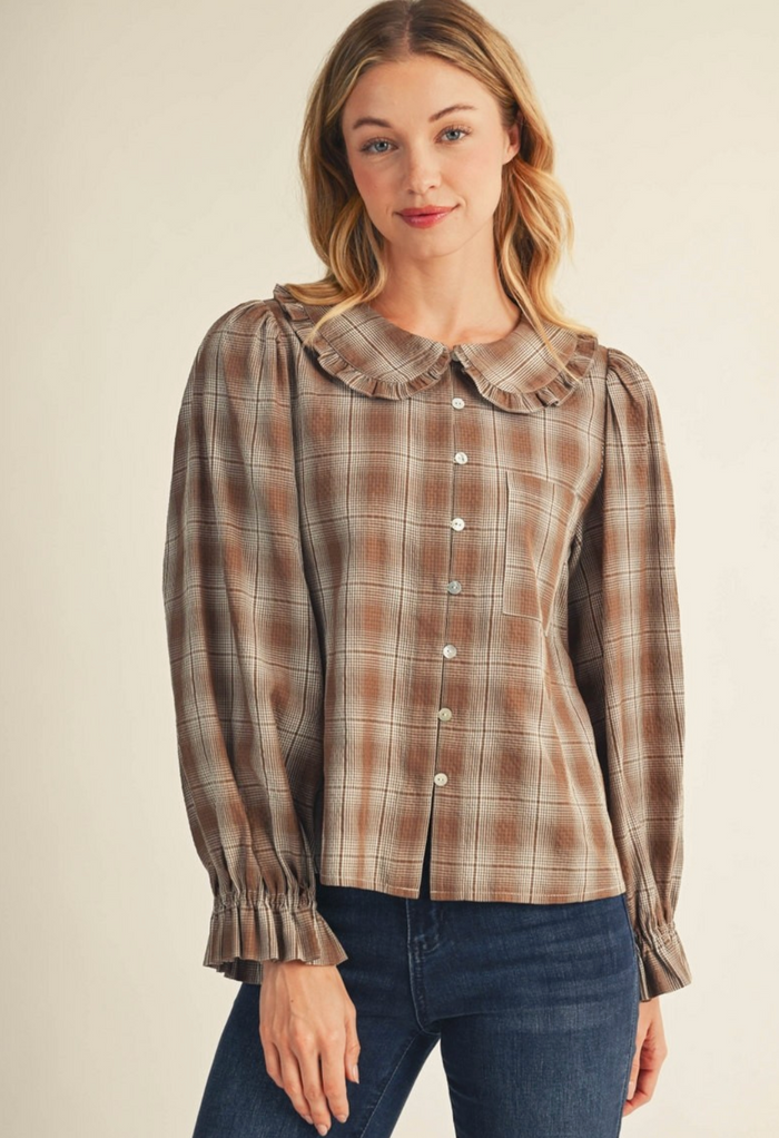 RUFFLE DETAIL BUTTON DOWN LOVELY PLAID TOP