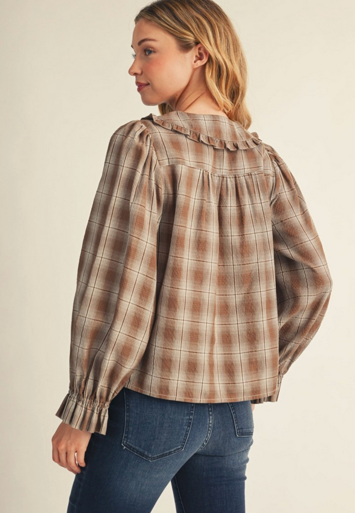 RUFFLE DETAIL BUTTON DOWN LOVELY PLAID TOP