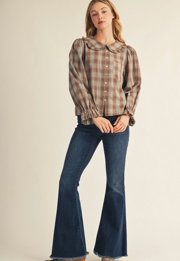 RUFFLE DETAIL BUTTON DOWN LOVELY PLAID TOP