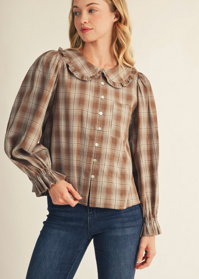 RUFFLE DETAIL BUTTON DOWN LOVELY PLAID TOP