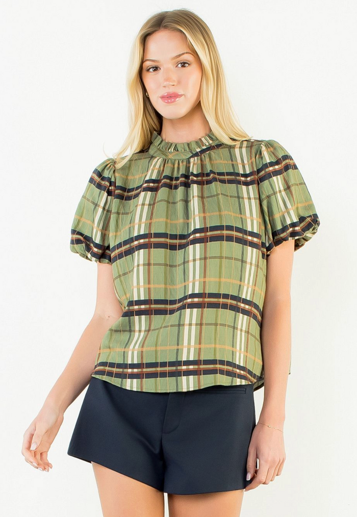 RUFFLE NECK PLAID TOP - OLIVE