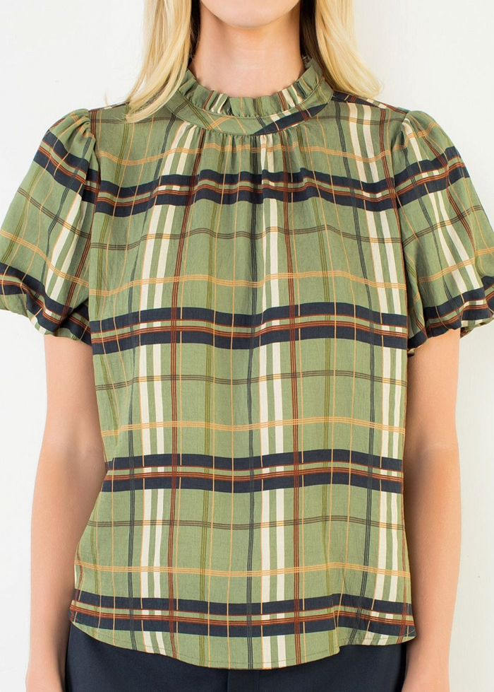 RUFFLE NECK PLAID TOP - OLIVE