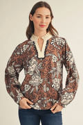 RUFFLED NECKLINE ANIMAL FLORAL PRINT TOP