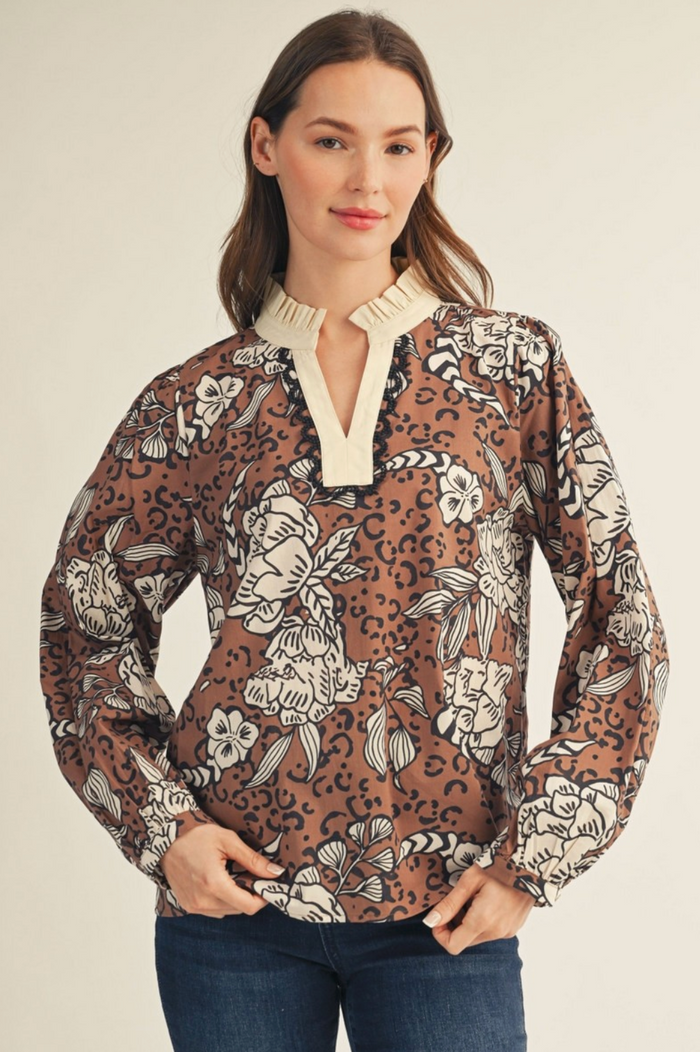 RUFFLED NECKLINE ANIMAL FLORAL PRINT TOP