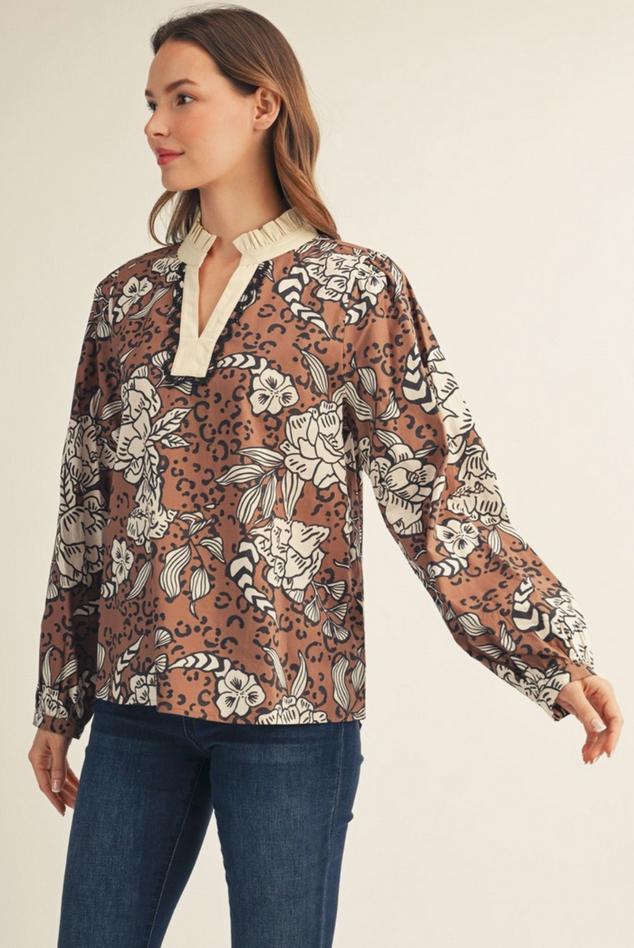 RUFFLED NECKLINE ANIMAL FLORAL PRINT TOP