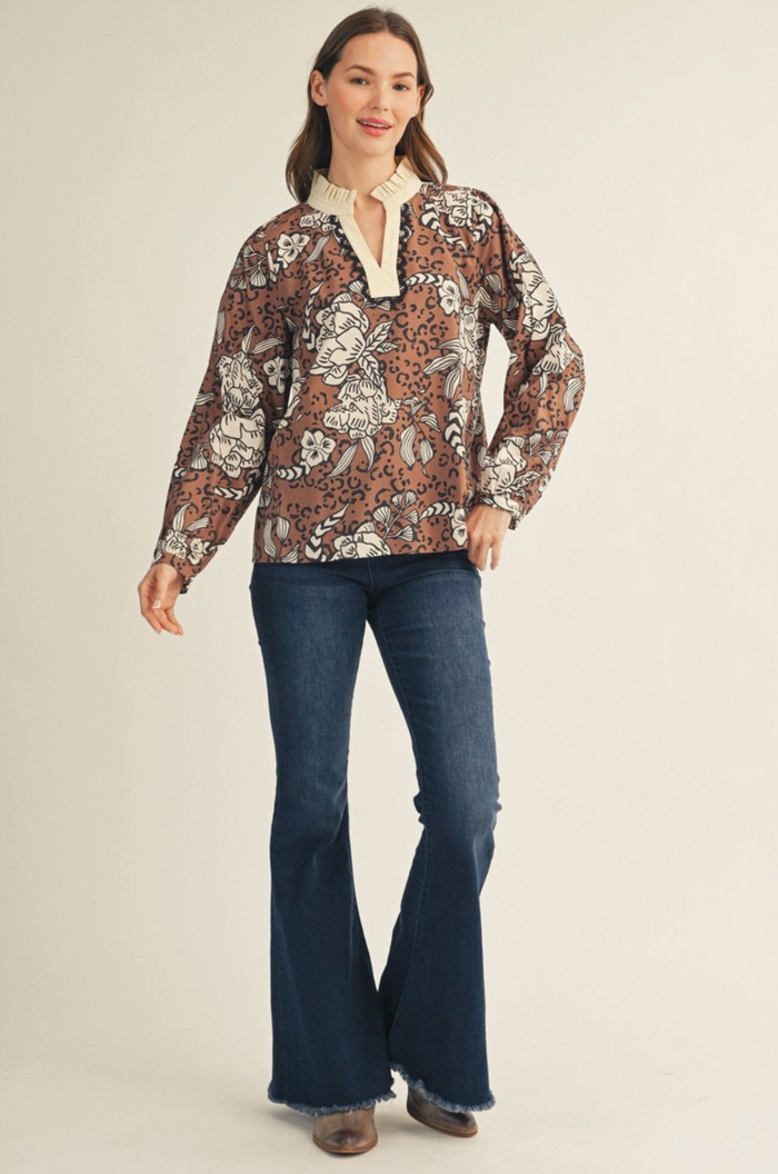RUFFLED NECKLINE ANIMAL FLORAL PRINT TOP