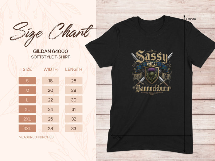 Gildan 64000 Softstyle t-shirt size chart with width and length measurements.