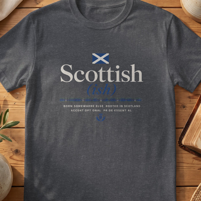 Dark grey Gildan 64000 unisex T-shirt flatlay with Scottish Ish Scottish graphic design