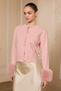SOFT KNIT CARDIGAN WITH FAUX FUR CUFF DETAIL - SOFT PINK