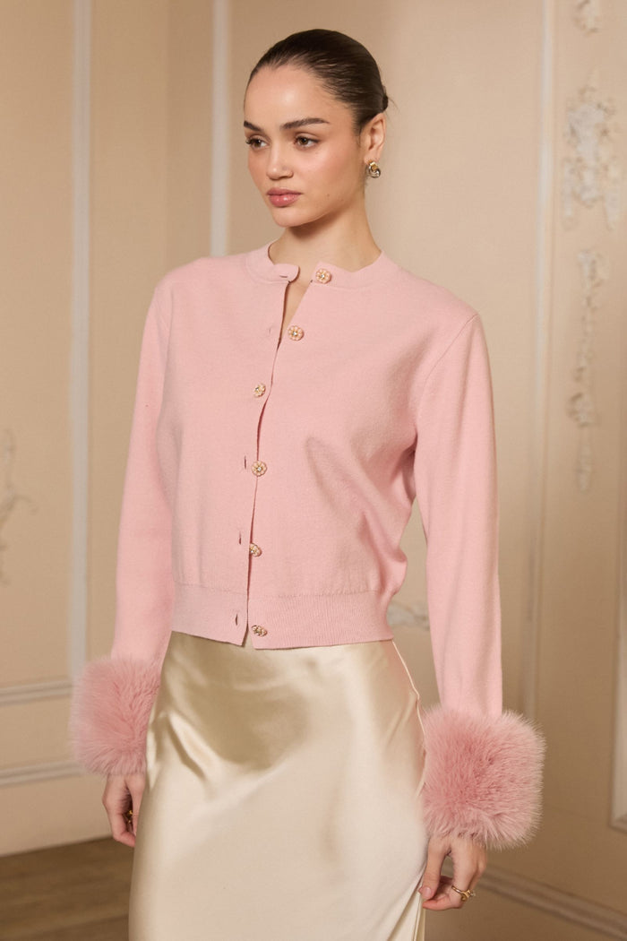 SOFT KNIT CARDIGAN WITH FAUX FUR CUFF DETAIL - SOFT PINK