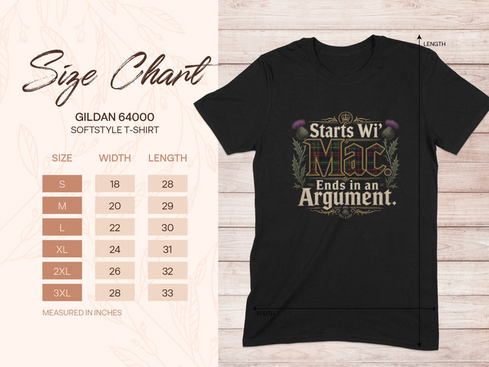 Gildan 64000 softstyle t-shirt size chart with a black t-shirt featuring Scottish thistle and tartan text.
