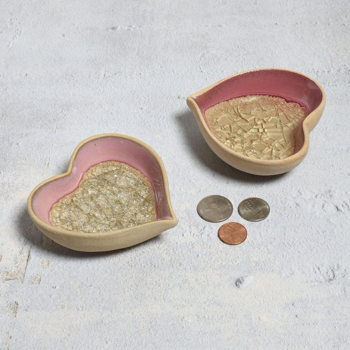 Stoneware Heart-Shaped Trinket Dish with Crackled Glass, Set of 2 Colors