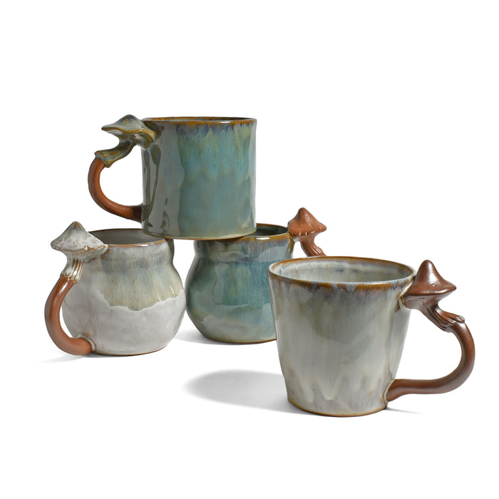 Stoneware Mugs with Mushroom Handles, Multicolor, Set of 4 Styles (Each One Unique)