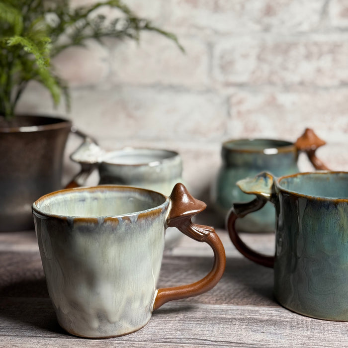 Stoneware Mugs with Mushroom Handles, Multicolor, Set of 4 Styles (Each One Unique)