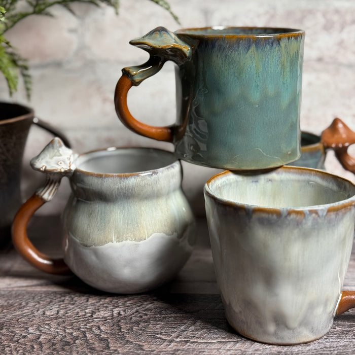 Stoneware Mugs with Mushroom Handles, Multicolor, Set of 4 Styles (Each One Unique)