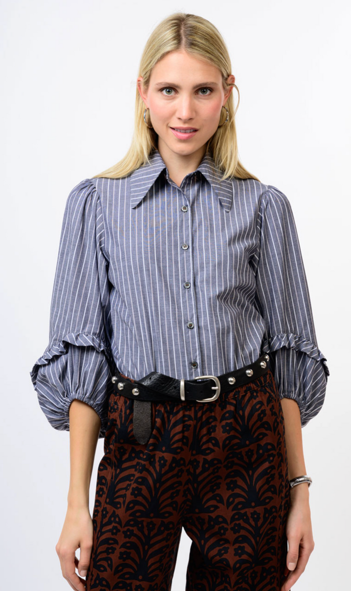 STRIPE BALLOON SLEEVE SHIRT - CHARCOAL