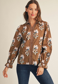 STRIPE CONTRAST BUTTON DOWN FLORAL TOP - KHAKI
