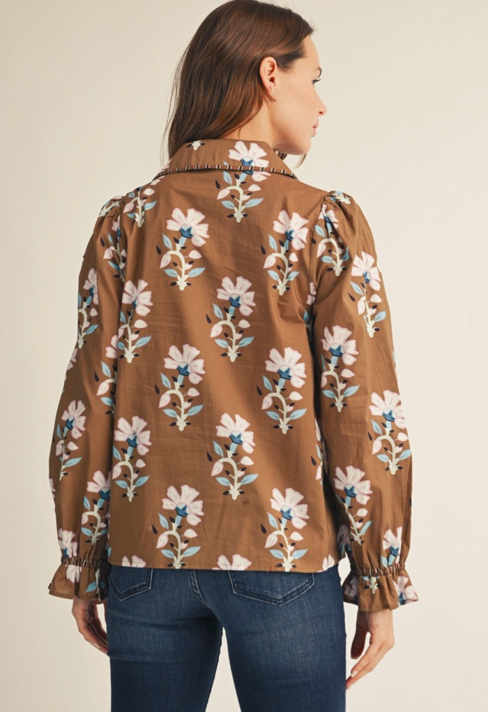 STRIPE CONTRAST BUTTON DOWN FLORAL TOP - KHAKI