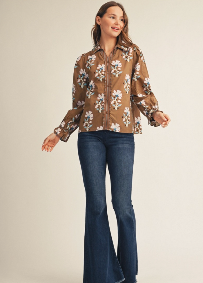 STRIPE CONTRAST BUTTON DOWN FLORAL TOP - KHAKI