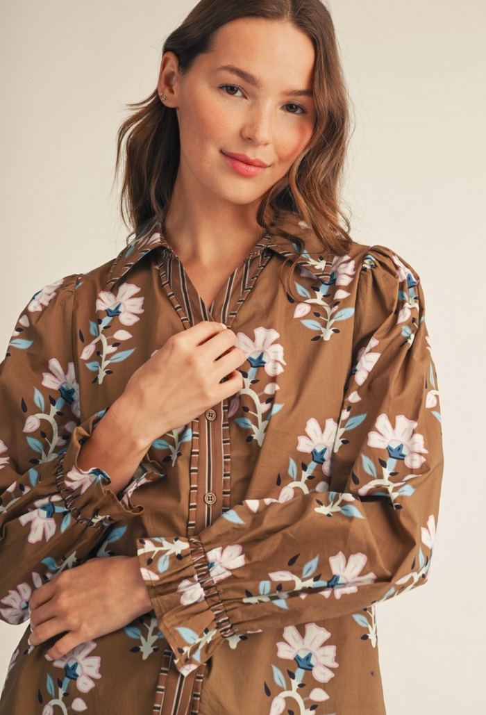 STRIPE CONTRAST BUTTON DOWN FLORAL TOP - KHAKI