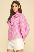 STRIPED TOP WITH SELF-TIE AT NECK  - PINK/BROWN