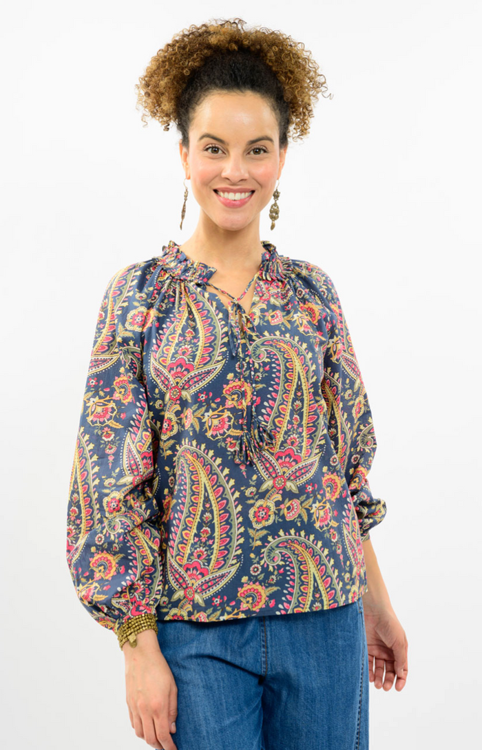 TOP WITH LOOP AND TASSLES - BLUE FLORAL