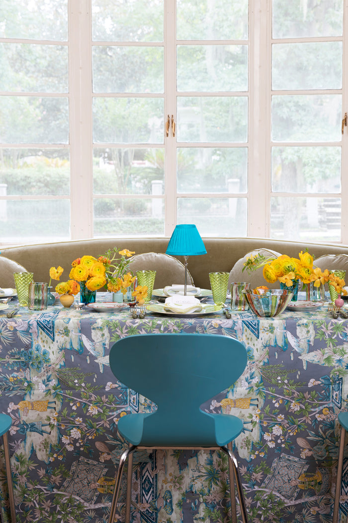 Marvelous hand-pleated turquoise silk shade.