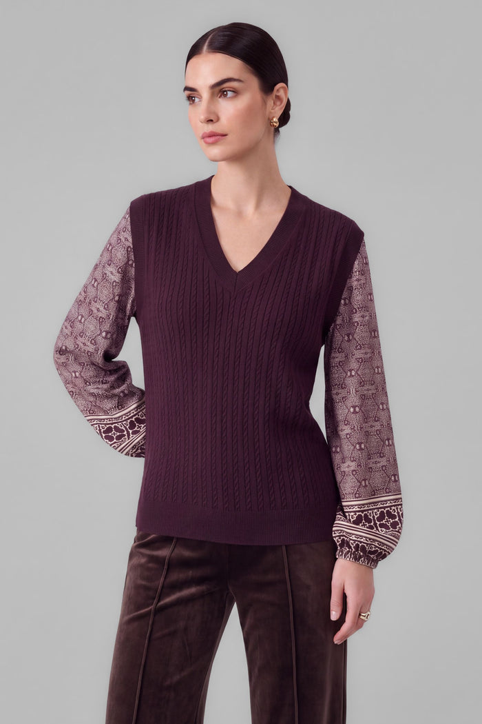 V-NECK MIXED MEDIA BORDER SLEEVE TOP - PURPLE