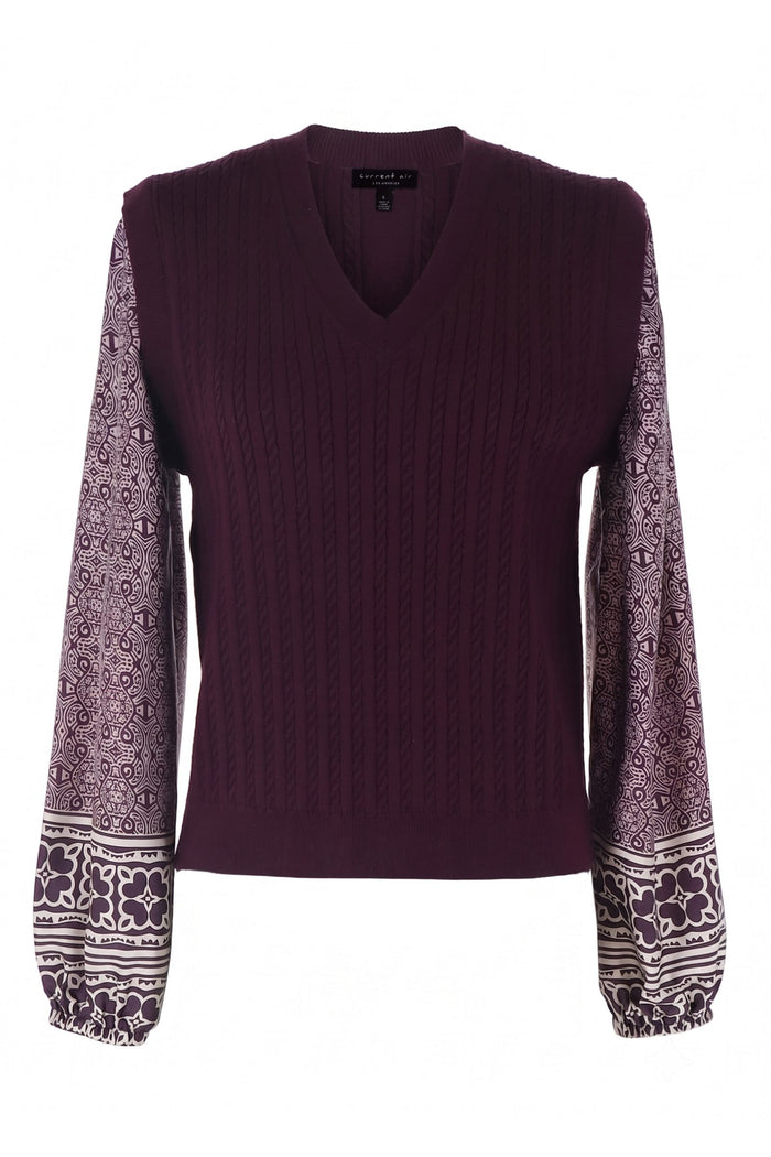 V-NECK MIXED MEDIA BORDER SLEEVE TOP - PURPLE