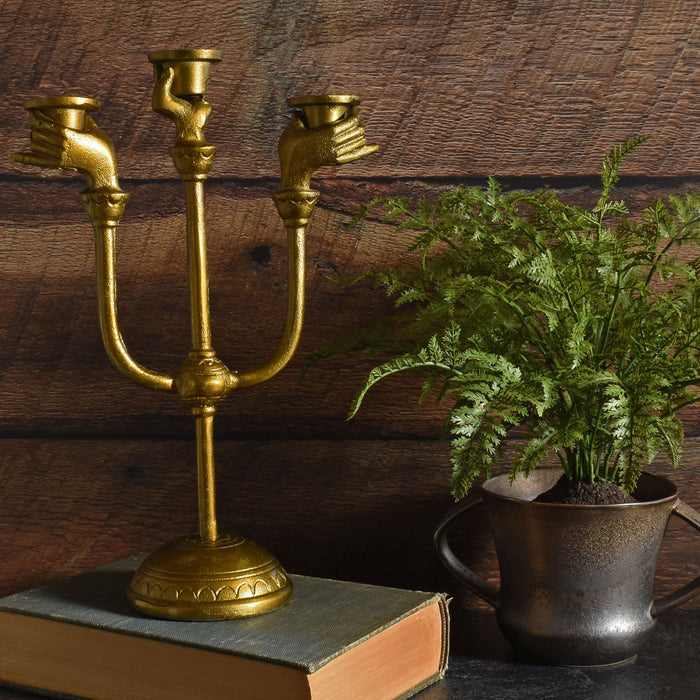 Victorian Hands Cast Metal 3-Candle Candelabra, Antique Gold Finish