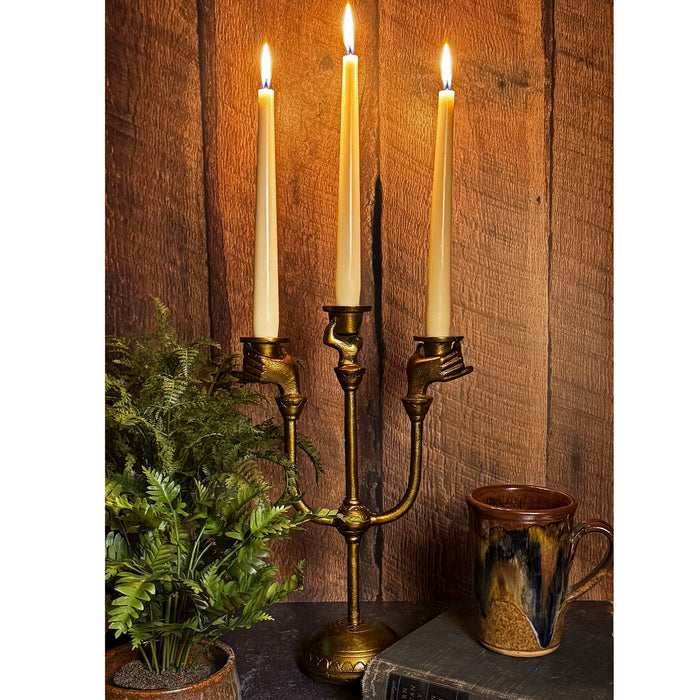 Victorian Hands Cast Metal 3-Candle Candelabra, Antique Gold Finish