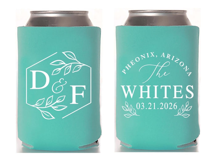 Wedding Can Cooler #277R - Monogram Wreath - Custom - Wedding Favors, Beverage Insulators, Beer Huggers, Wedding Favor, Beer Holder