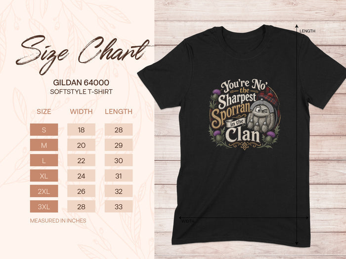 Gildan 64000 Softstyle T-shirt size chart with widths and lengths in inches.